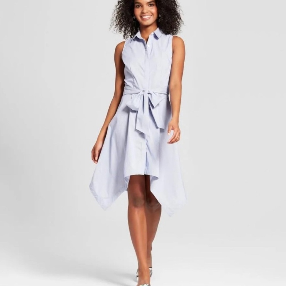 Who What Wear Blue Striped Tie Waist High Low Shirt Dress S
